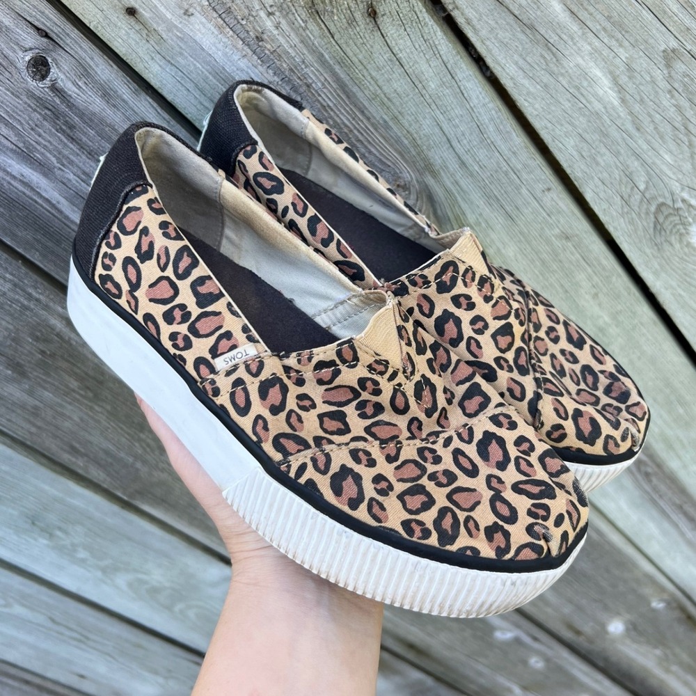 Toms Alpargata Boardwalk Platform Women 7.5 Tan Leopard Print Slip‎ On Shoe